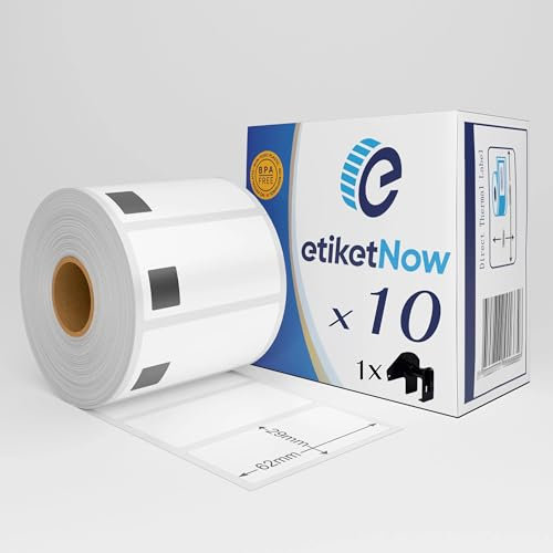 EtiketNow - 10 Rollen Brother DK-11209 kompatiblen Etiketten, 800 Etiketten, 62 mm x 29 mm, Permanent, Weiß, mit wiederverwendbarem Halter
