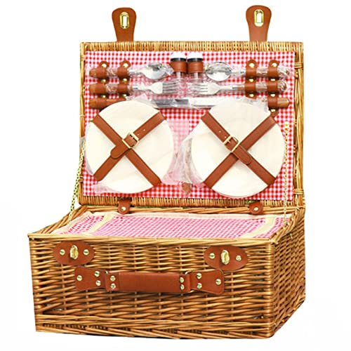 YEDECOR Handgefertigter Wicker Picknickkorb für 4 mit isoliertem Kühler, Willow Hamper Korb Sets mit Geschirr Besteck Perfekt für Picknick, Camping, Outdoor, Fotoshooting, Geburtstagsgeschenk,Red