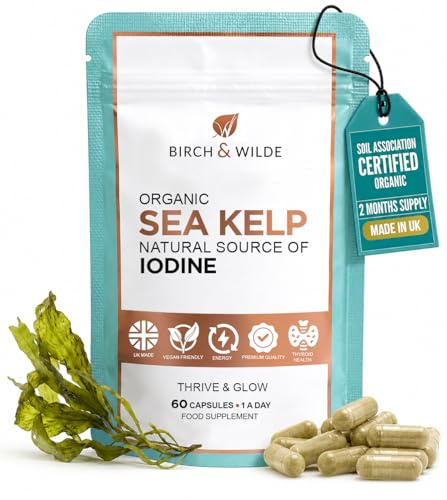 Sea Kelp 500 mg with Iodine, High Strength Vegan Supplement for Thyroid Support and Skin, Soil Association Organic and Made in UK, 60 Capsules (2 Months Supply)