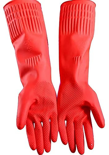 Wzxhew # 2 Paar wiederverwendbare Haushaltshandschuhe Gummi Geschirrspülhandschuhe Extra Dicke Lange Ärmel Küche Reinigung Arbeiten Malerei Gartenarbeit Haustierpflege (Rot, L)
