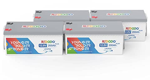 Redodo Bateria Litio 12V 200Ah Plus(4 Pack Bateria LiFePO4, Incorporada en 200A BMS, 2560W Potencia de Salida Bateríade Litio con 4000+ Ciclo,10 Años Vida Útil, para Autocaravana, Sistema Solar
