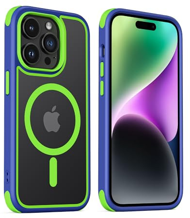 MobNano Hybrid Magnetisch Durchsichtig Hülle für iPhone 14 Pro Hülle [Kompatibel mit MagSafe] Stoßfest Bumper Transparent Starke Magnet Handyhülle Clear Silicone iPhone 14pro Case - Blau/Neongrün