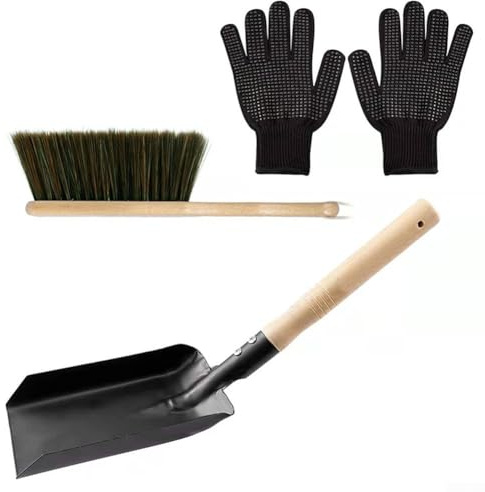 Práctico juego de limpieza de chimenea con pala y cepillo para cenizas con pala de madera natural, cepillo para estufa, guantes aislantes de calor de silicona negra