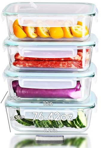 IUGHN Glass Storage Containers with Lids 4pcs, 2260ml Extra Large Meal Prep Containers Glass, Transparent Glass Containers with Lids for Chefs to Store Fruits and Vegetables in the Kitchen, Blue