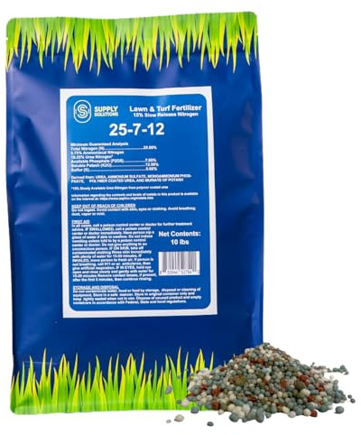 Supply Solutions 25-7-12 Lawn and Turf Fertilizer - 15% Slow Release Nitrogen Lawn Fertilizer for All Grass Types, Shrubs - Turf Builder Plant Food Covers 2,500 sq.ft (10lbs)