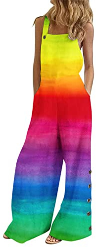 Jumpsuit Summer Women's Loose Dungarees Large Sizes Cuddly Cotton Jumpsuit Sleeveless with Colourful Stripes Elegant Romper Playsuit Wide Leg Bib Trousers One-Piece Romper Trouser Suit, red, M