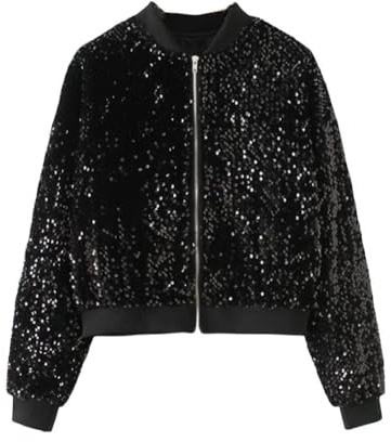 LAIYUTING Schwarze Pailletten Bomberjacke Für Damen, Leichte Damen Glitzerjacke Für Festivals, Langärmlige Glitzernde Biker Jacke Für Shinny Club Dance Party Kostüme