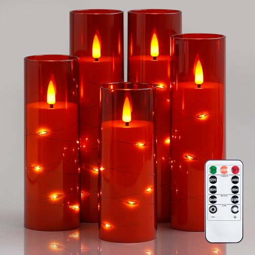 Zevanor Velas sin llama con parpadeo 5,5 cm x 12,5 cm, 15 cm, 17,5 cm, 20 cm, 20 cm, Velas de pila LED de plástico rojo con temporizador (Duración de 600 horas, Paquete de 5)