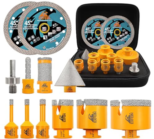 EXFEIN Diamond Tile Hole Saw Kit 12pcs - 6/8/10/25/35/50/65mm Core Drill Bits,10mm Milling Bit and 2 Chamfer Bit with Hex Adapter and 4.5 2pcs Diamond Blade and for Tile Porcelain Marble