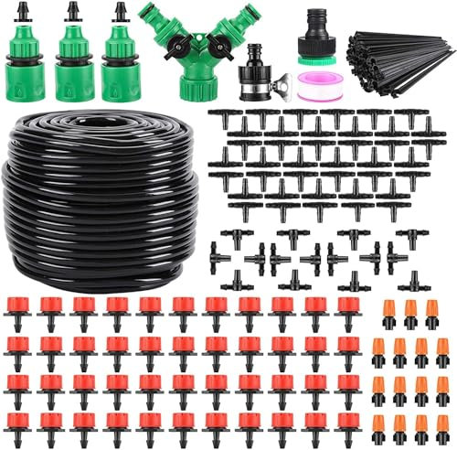 Sistema di irrigazione a goccia, kit di irrigazione a goccia da giardino con tubi vuoti da 1/4, kit fai da te per irrigazione automatica fai da te, per giardino, serra, aiuola, patio, prato (40 m)