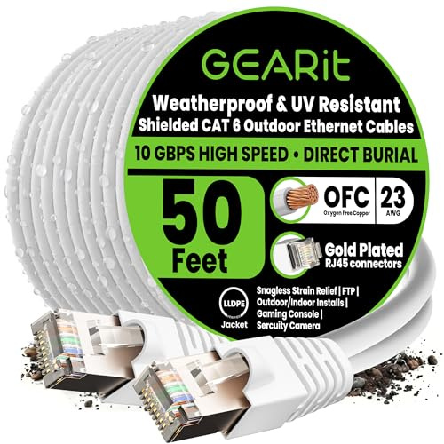 GEARit Cat6 Outdoor Ethernet Cable (50ft) 23AWG Pure Copper, FTP, LLDPE, Waterproof, Direct Burial, In-Ground, UV Resistant, POE, Network, LAN, Internet, Cat 6, Cat6 Cable - 50 Feet