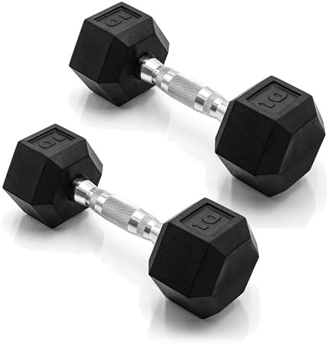 CAP Barbell 10 LB Rubber Coated Hex Dumbbell Hand Weight - Pair | Chrome Handle