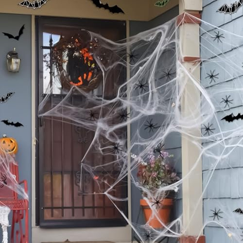 Ajuanbazha Spinnenweben Halloween Deko, 200g Dehnbare Halloween Spinnennetz Deko mit 40 Horror Schwarz Spinnen, Halloween Deko Outdoor Garten Hängende Spiderweb Gruseli Deko