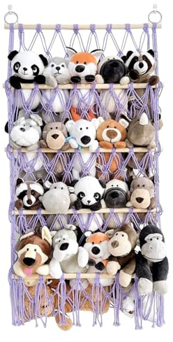 Ruhnjyg Stofftier-Aufbewahrungs,Stofftier-| 4 Lagen Bohemian Organizer - Boho-Plüsch-Aufbewahrung, höhenverstellbares Makramee-Spielzeugnetz, Wandhalterung für Wand, Kinderzimmer, Spielzimmer