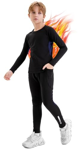Aiseyi Kids Thermal Base Layer Set Warm Fleece Base Layer with 2 Pockets,Quick Drying Football Skins Breathable Long Sleeve Thermals for Boys Girls Ski Sport 140 Black