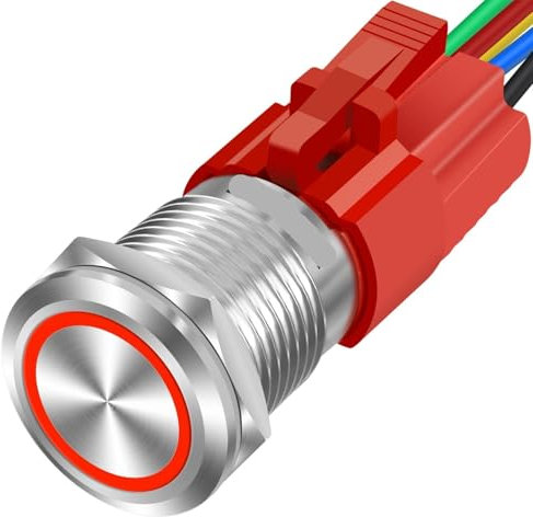 Druckknopfschalter, 22 mm, einrastend, 12 V, wasserdicht, Edelstahl mit LED-Licht, Power-Metall-Knopfschalter für Marine, 2,2 cm Loch mit Drahtsteckdose, selbstsichernd, 10 A (schwarzes Gehäuse, Weiß)