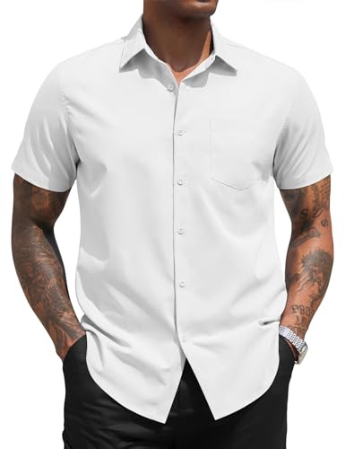 COOFANDY Men's Shirt Short Sleeve Casual Dress Shirts Summer Formal Non Iron Button Down Work Wedding Shirt with Pocket Regular Fit Lightweight White M