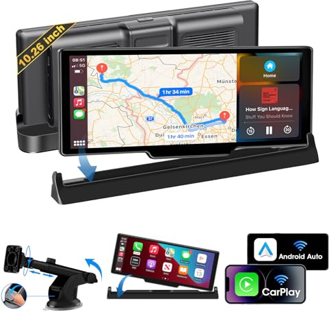 2026 Limited Time Carplay Screen for Car 10.26 inch Apple Car Play Android Auto Screen Car Tablet Pro Max 2025 Exclusive Bracket Dual Bluetooth Mirror Link Touch Screen Voice Control Navigation