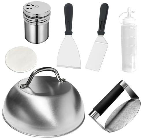Hmfmdy Burger Press Kit, Burger Smasher & Metal Burger Spatula, Burger Dome, Spice Dredge Shaker, Wax Disc Paper, Squeeze Bottles, Flat Top Grill Accessories, BBQ Tools Set, Cooking Utensils Set-7pcs