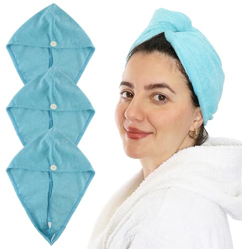 LOVETRENDS Paquete de 3 toallas de microfibra turquesa para el cabello, 65 x 25 cm, suaves, antiarrugas, súper absorbentes y de secado rápido, perfectas para cabello húmedo, largo, grueso o rizado,