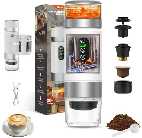 Trywise Tragbare espressomaschine Kaffeemaschine, 3-in-1 Reisekaffeemaschine, Elektrische Heizung, Wiederaufladbare 12V Kaffeemaschine, Kompatibel mit Espressokapseln und gemahlenem Kaffee (Weiß)