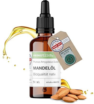 wesentlich. Mandelöl Bio mit Pipette 50ml | Kaltgepresst & 100% Rein | Pflegeöl für Haut, Haare & Gesicht | Naturkosmetik für empfindliche Haut