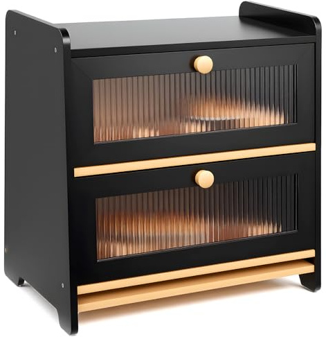 HAUSPROFI Boîte à pain en bambou à 2 étages - Avec planche à découper - Fenêtre visible ondulée - Élégante boîte à pain - 40 x 25 x 40 cm - Noire