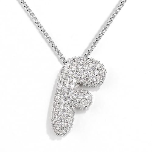 KissYan Bubble Letter Necklace Silver, White Gold Plated Balloon Initial Pendant Box Chain Necklace Dainty Pave CZ Jewelry Gift for Women Girls(Silver F)
