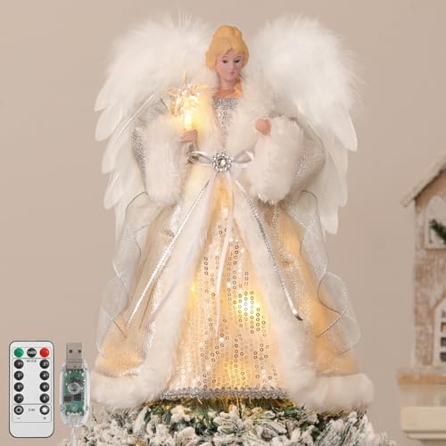 Lewondr Ángel para Cima De Árbol De Navidad, 12 Cima De Árbol Angel con Alas Y Luz De Vela, 8 Modos Y Temporizador 6H Alimentación USB Y Control Remoto, Decoración Navideña para El Hogar, Plata