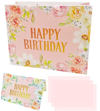 IDNVFY 1 Borsa Regalo di Compleanno Rosa, 1 Biglietto di Auguri, 3 Tessuti -Paper, Regali di Fiori, Forniture per Imballaggi Regalo, Borsa Regalo per Feste.