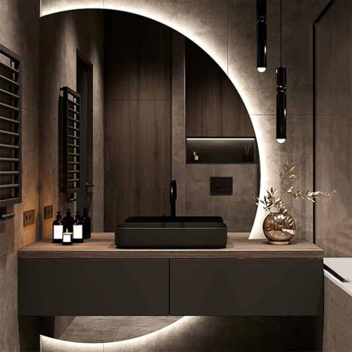HanDpi Specchio da Parete per Il Trucco a LED, semicerchio, 51x35, Specchio da Bagno antiappannamento, Illuminato, Grande, Mezzaluna, 47 con luci, Specchio a Figura Intera per Ingresso, retroil