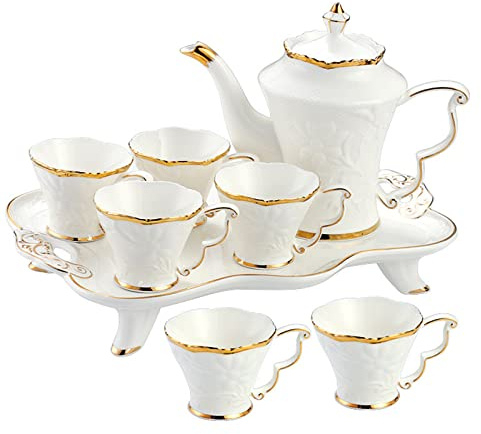Elegante Set da tè retrò Europeo da 8 Pezzi, Set Moderno in Stile Europeo con Fiori in Rilievo, con 6 Tazze, Vassoio, Rifiniture in Oro, Servizio pomeridiano per Un