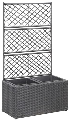 Aiuola rialzata con traliccio, 2 vasi, 58 x 30 x 107 cm, in polyrattan, colore nero, per balcone, giardino, terrazza, fiori