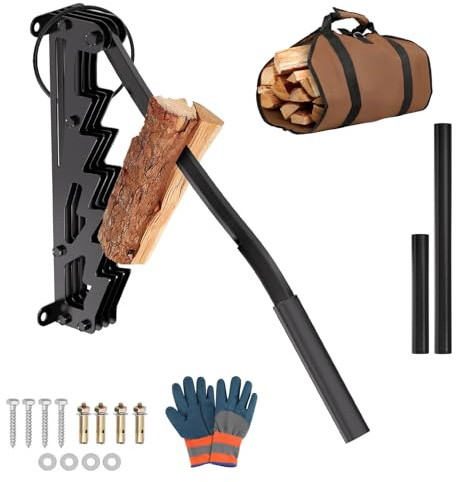 Jaxguom Manueller Holzspalter, Wandhalterung Manueller Holzspalter mit 2 Abziehbar Griff，Wandhalterung Anzündholz Spalter，Wand Holzspalter mit Brennholzsack，Schwarz