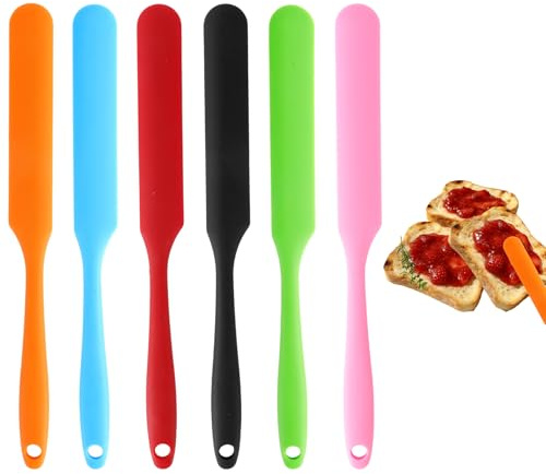 Silicone Jar Spatula 6 pcs Jar Scraper Long Handle Thin Spatula Heat Resistant Cake Cream Spatulas Set Sourdough Stirring Stick Non-Stick Jam Spreader for Kitchen Cake Cream Butter Jam Baking Mixing