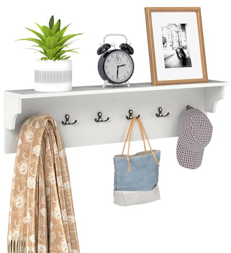 RELAX4LIFE Appendiabiti da Parete con Mensola, Appendiabiti in Legno con 6 Ganci per Cappelli, Asciugamani e Borse, 80cm Mensola Sospesa per Ingresso, Soggiorno, Camera da Letto e Bagno (Bianco)