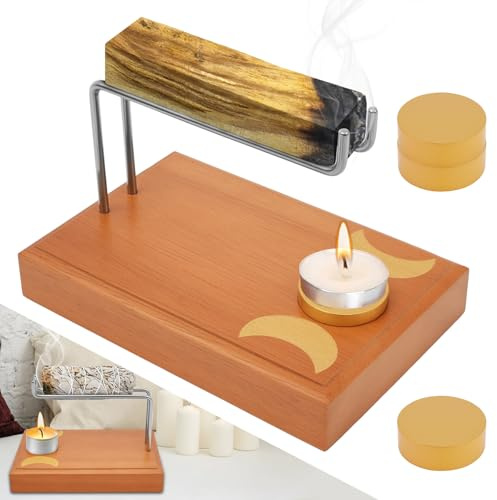 Harupink Palo Santo - Porta incenso per Palo Santo con raccogli-cenere e 4 candele con base in legno, ideale per decorazione domestica, Zen, Spa, meditazione e yoga (colore legno)
