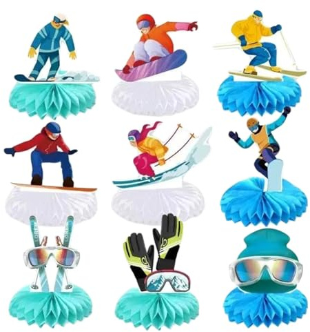 Nymora 9-teilige Ski-Waben Deko: Apres Ski Party Dekoration, Winter Tischdekoration für Skiurlaub, Wintersport Thema - Geschenk für Skifahrer