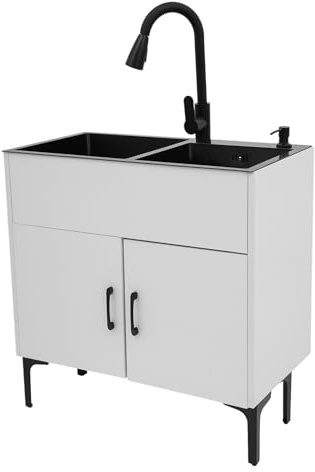KKVUIIFF Spültisch Freistehend, Wäschespüle mit Unterschrank & Ausziehbar Wasserhahn, 75x41cm Doppelbecken Spülenschrank, Komplettes Küchenspüle Set (Weiß)