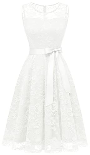 Dressystar 0009 Floral Lace Dress Short Bridesmaid Dresses with Sheer Neckline White S