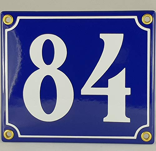 Emaille Schild Hausnummer 84 Blau-Weiß Handarbeit