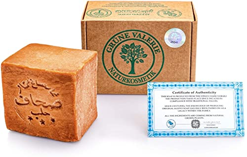 GRÜNE VALERIE® Original Aleppo Seife 200g+ 20% / 80% Lorbeeröl/Olivenöl | über 6 Jahre gereift | Feste Seife - Naturseife - Haarseife/Duschseife | PH Wert 8 | Handarbeit | DERMATEST:Exzellent