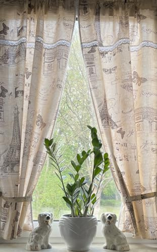 Leinenshop24 Landhaus Retro Gardinen Set 2 St + 2 Bindebänder Weiß Paris Anker mit Spitze 140x75cm/Gesamt 150cm breit 100% Baumwolle Greta