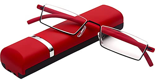 KoKoBin Occhiali da lettura con montatura ultraleggera TR90 Aiuto di lettura Mezzi occhialini in metallo con mezza montatura Aiuto visivo con custodia per occhiali per uomo e donna (rosso,+3,5