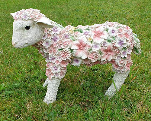 Fachhandel Plus Gartenfigur mit Blumen Blumentiere als Gartenfiguren für draußen wetterfest Tierfiguren mit Blüten Deko für Beet Terrasse Balkon (groß, Schaf stehend)