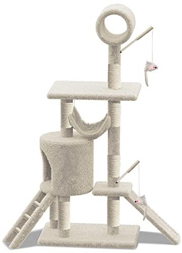 VOUNOT Kattträd kattträd stor XXL, klätterträd med hängmatta plattformar grotta sisalrep för katter, 154 cm, beige