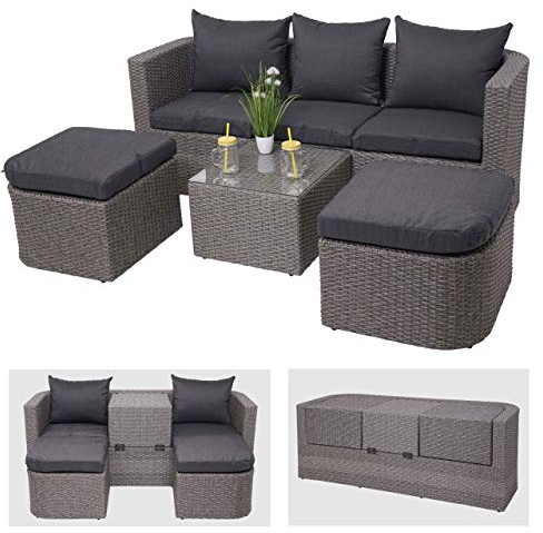 Mendler 3in1-Garnitur HWC-J37 Poly-Rattan - grau, Kissen anthrazit | Garten-/Lounge-Set, Sonneninsel, Spun, Poly, MVG