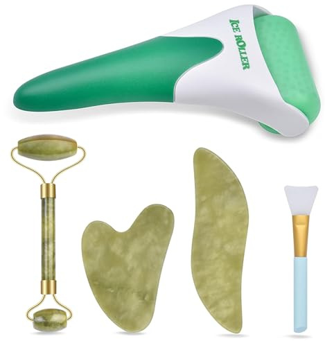 Charmonic 6 in 1 Ice Roller & Jade Roller and Gua Sha Set, Facial Massage Kits, Facial Roller Kit with Gua Sha Tool and Silicone Brush, Anti-Aging Jade Stone Massager for Face, Eyes, Neck Massage