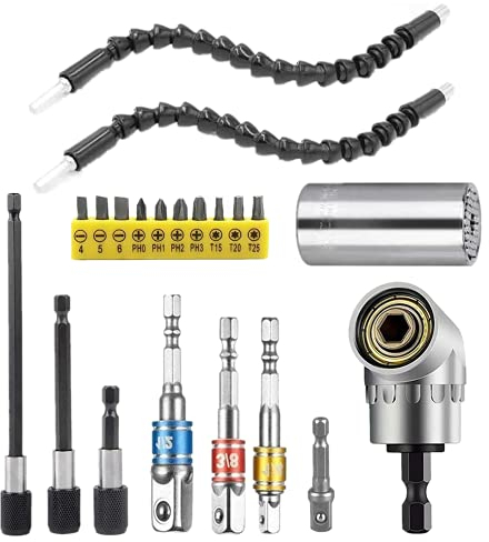 MXiiXM Flexible Bohrerverlängerung & Universal-Steckschlüssel-Werkzeug-Set, 105° rechtwinkliger Bohraufsatz, 1/4 3/8 1/2 Zoll Universal-Stecknuss-Adapter-Set, 3-teiliges Schraubendreher-Bithalter und
