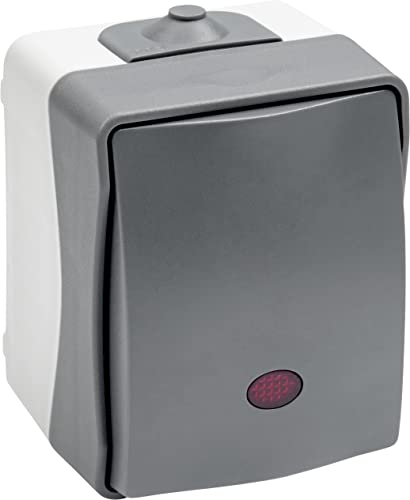 Meister Cave Control 1-Way Surface-Mounted with Indicator IP44 Splash Protection Cable Cross Section 2.5 mm² Grey/Wet Room Light Switch / 7407090, Gray, 1-fach
